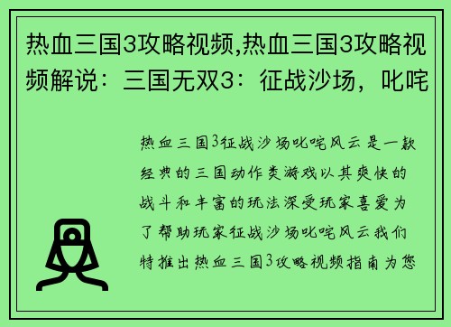 热血三国3攻略视频,热血三国3攻略视频解说：三国无双3：征战沙场，叱咤风云之攻略指南