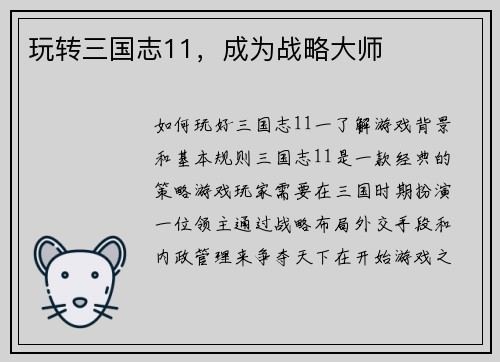 玩转三国志11，成为战略大师