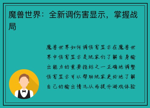 魔兽世界：全新调伤害显示，掌握战局